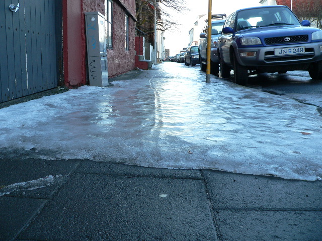 An icy sidewalk in Reykjavik